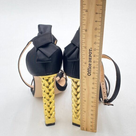 FSJ Black Bows Gold Metal Chain Chunky High Heels Ankle Strap Open Toe Sandals - Picture 5 of 8